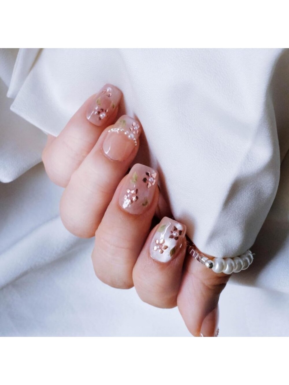 Nude Pink Short Square Press On Nails with Rose Gold Foil & Pearl Accents, 10